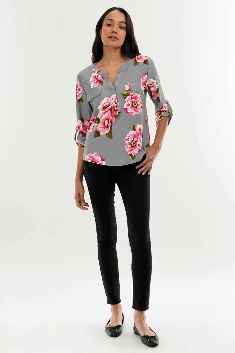 International INC Company Floral Split Neck Blouse - Grey - Image 5