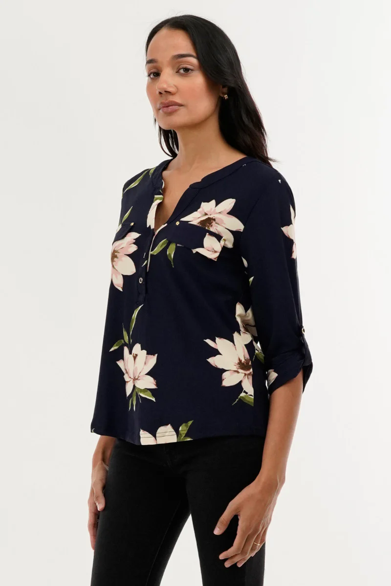 International INC Company Floral Split Neck Blouse - Navy - Image 2