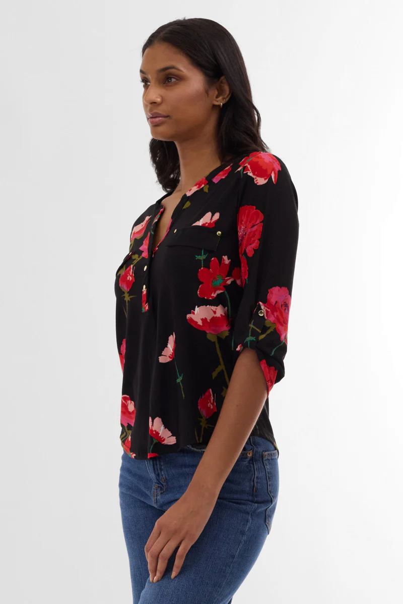 International INC Company Floral Roll Up Sleeve Blouse - Black - Image 2