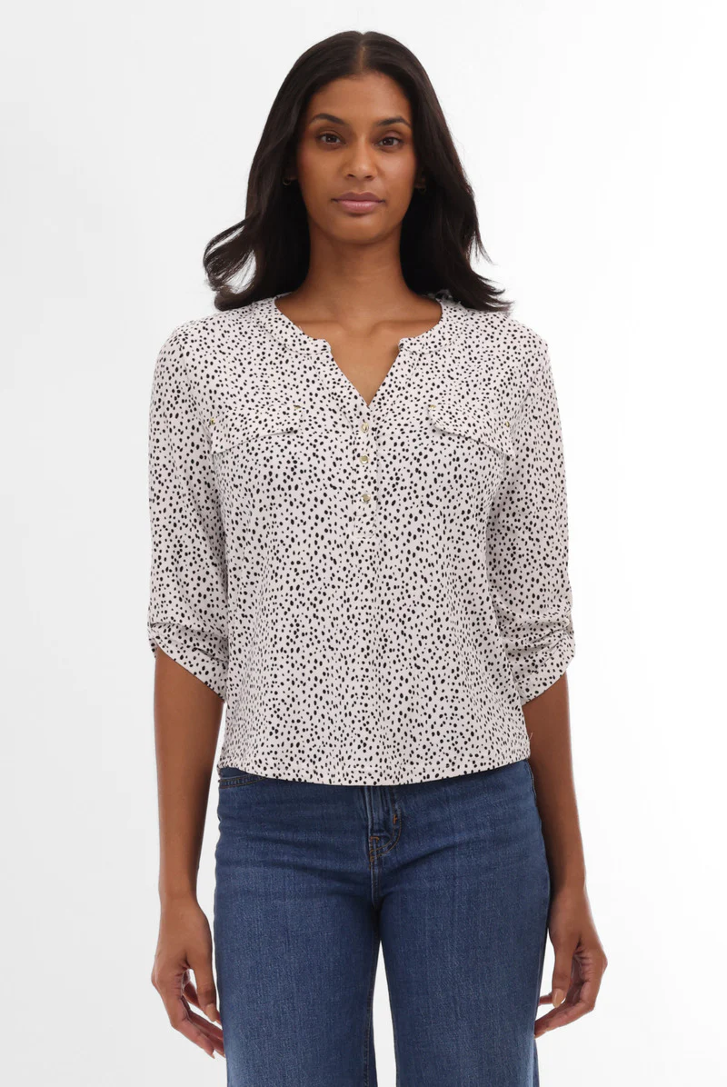 International INC Company Patterned Roll Up Sleeve Blouse - White