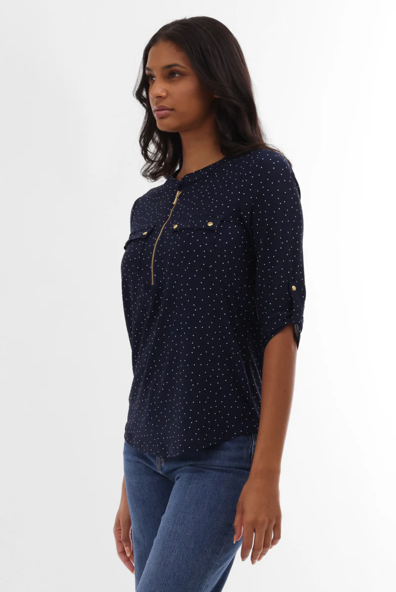 International INC Company Polka Dot Half Zip Blouse - Navy - Image 2