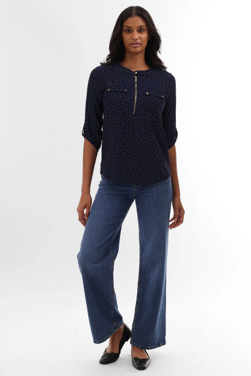 International INC Company Polka Dot Half Zip Blouse - Navy - Image 5