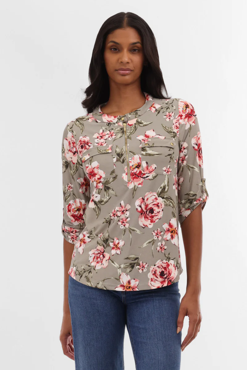 International INC Company Floral Half Zip Blouse - Olive