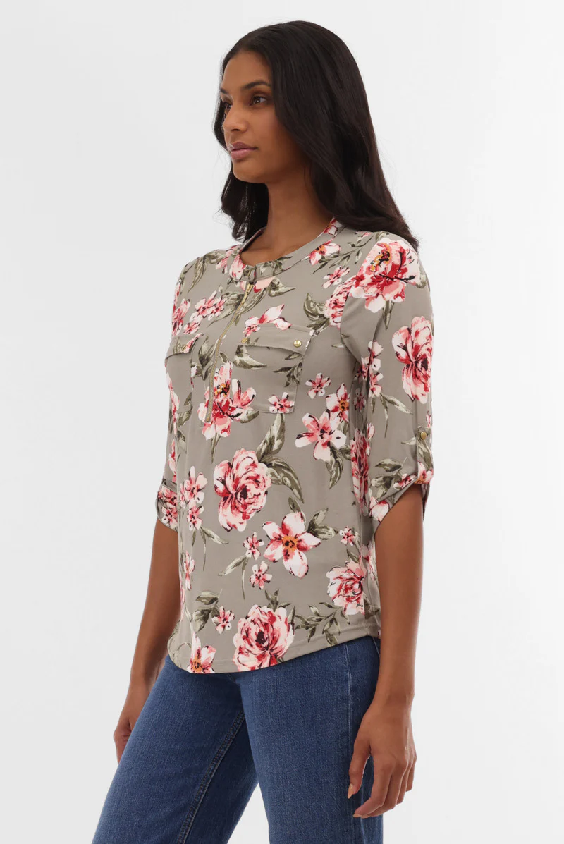 International INC Company Floral Half Zip Blouse - Olive - Image 2