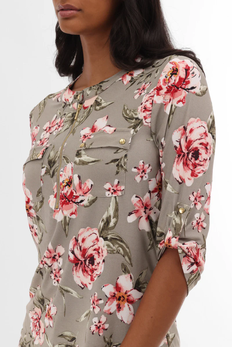 International INC Company Floral Half Zip Blouse - Olive - Image 4