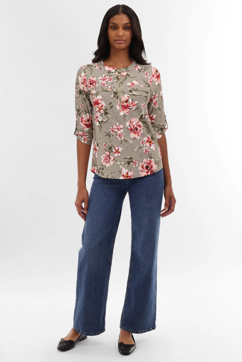 International INC Company Floral Half Zip Blouse - Olive - Image 5