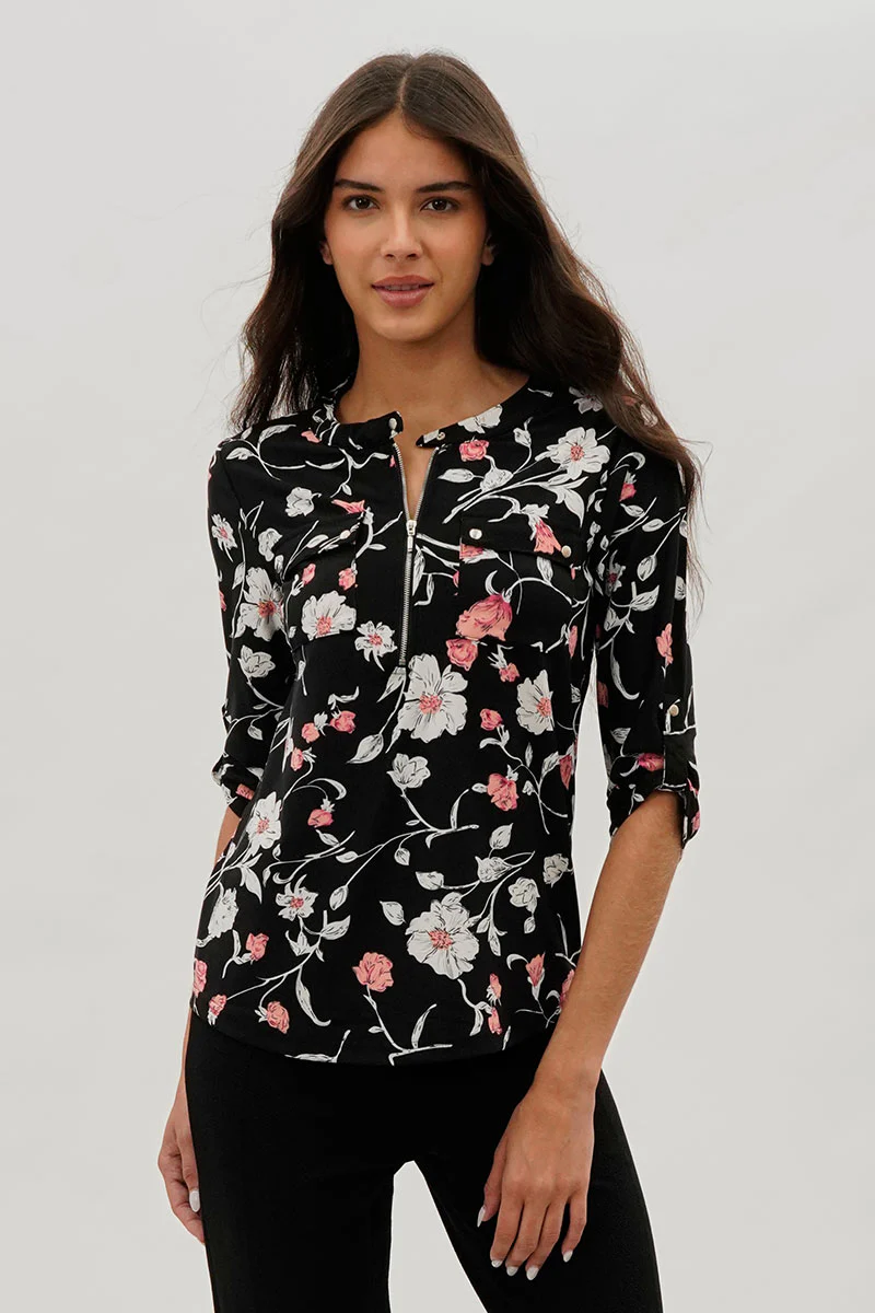 International INC Company Floral Half Zip Blouse - Black