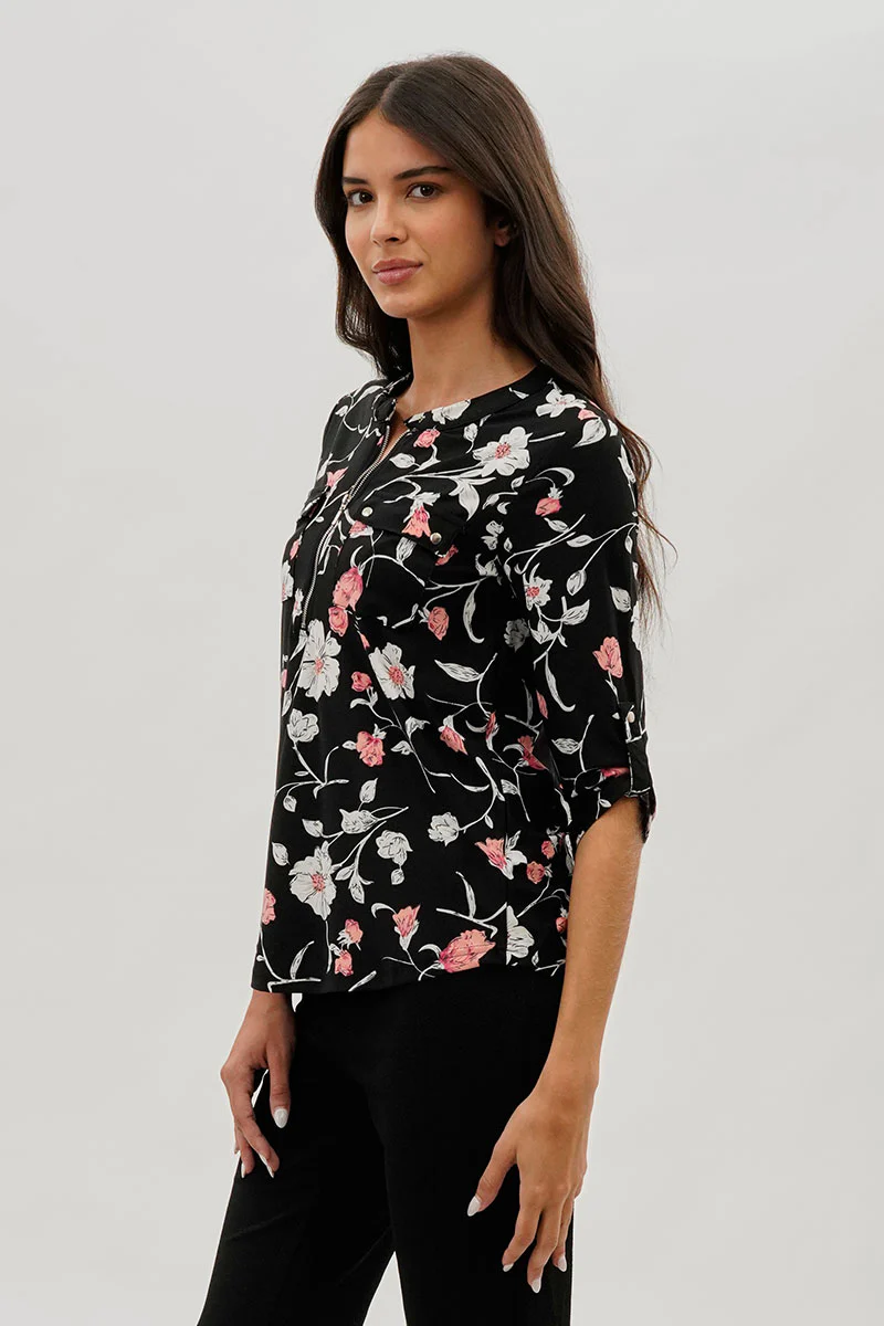 International INC Company Floral Half Zip Blouse - Black - Image 2