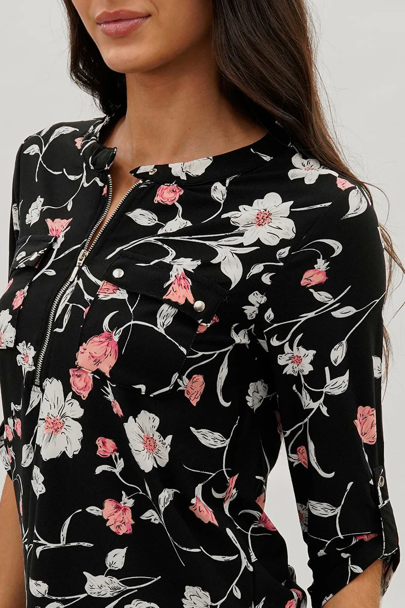 International INC Company Floral Half Zip Blouse - Black - Image 4