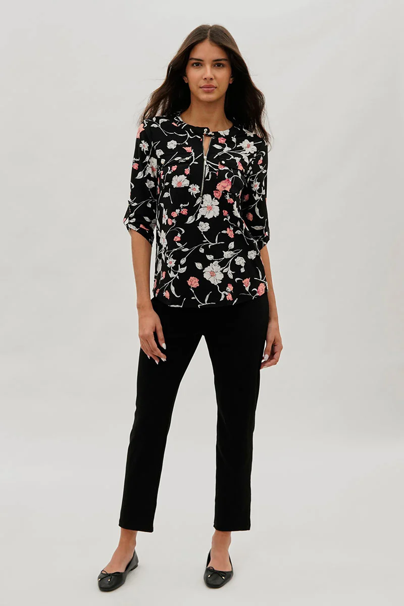 International INC Company Floral Half Zip Blouse - Black - Image 5