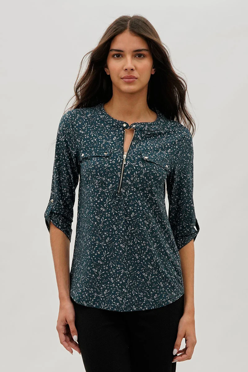 International INC Company Floral Half Zip Blouse - Teal