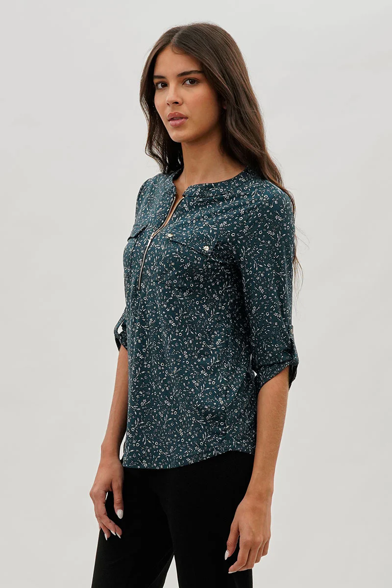 International INC Company Floral Half Zip Blouse - Teal - Image 2