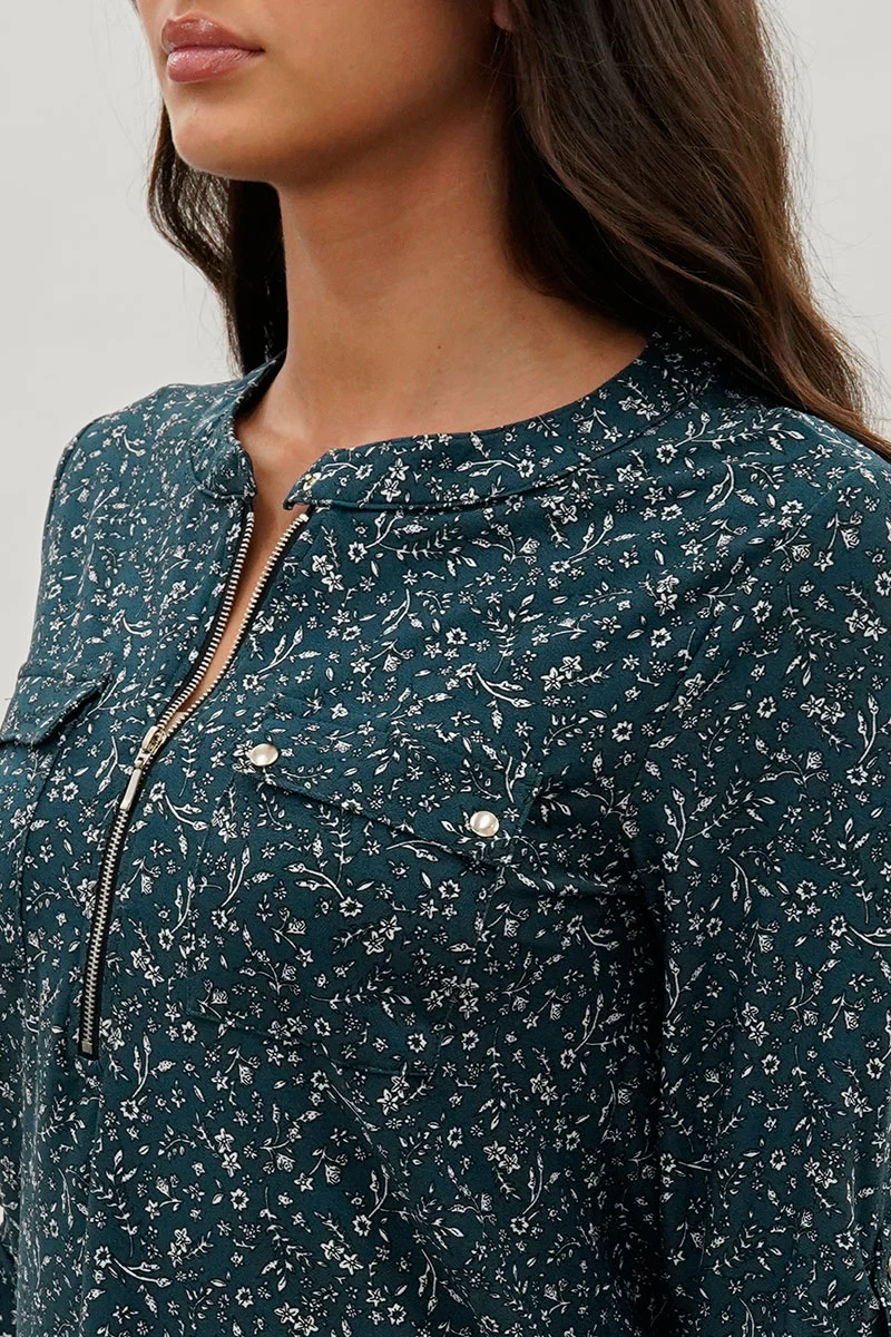 International INC Company Floral Half Zip Blouse - Teal - Image 4