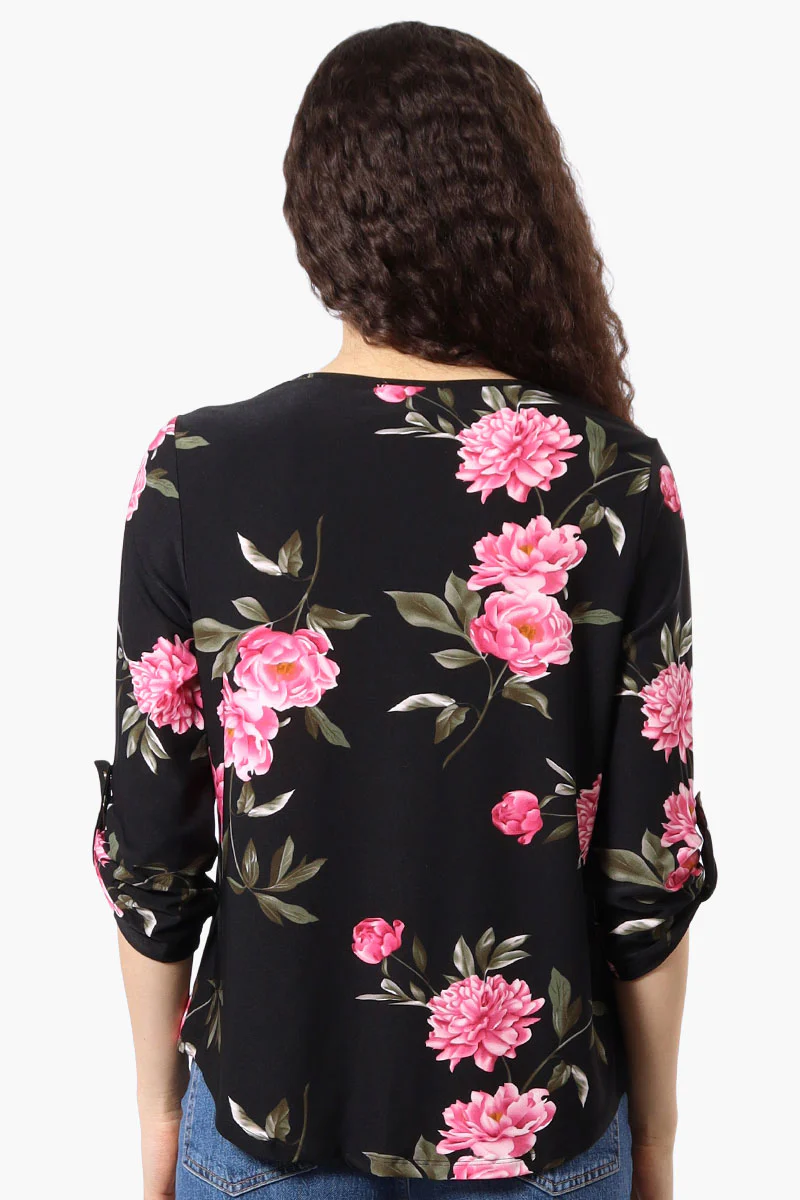 Beechers Brook Floral Roll Up Sleeve Blouse - Black - Image 3