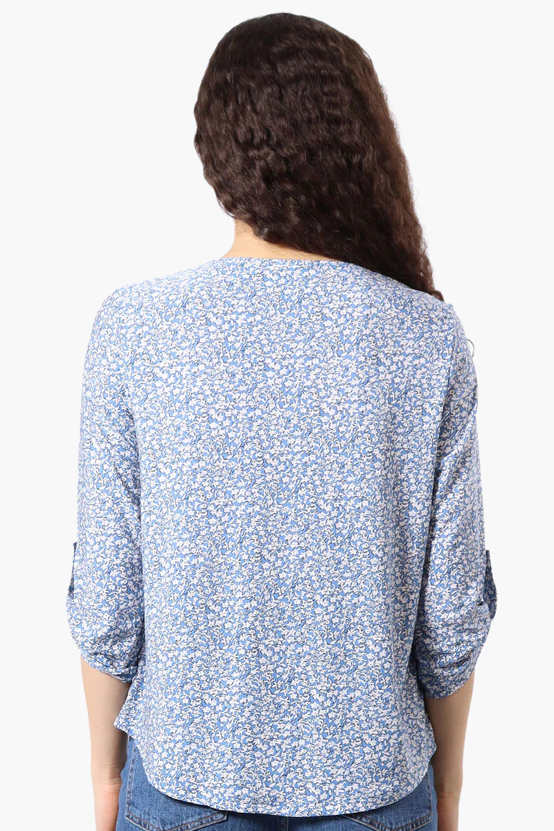 Beechers Brook Floral Roll Up Sleeve Blouse - Blue - Image 3