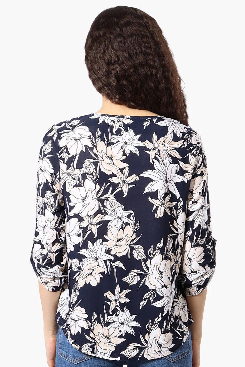 Beechers Brook Floral Roll Up Sleeve Blouse - Navy - Image 3