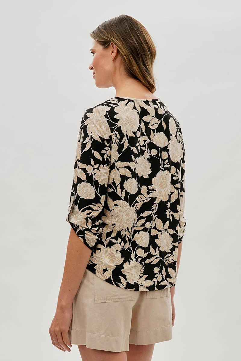 Beechers Brook Floral Roll Up Sleeve Blouse - Black - Image 3