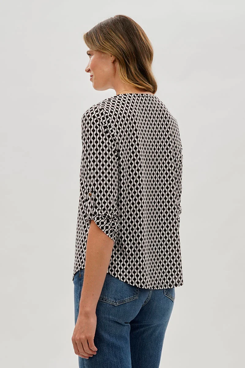 Beechers Brook Patterned Roll Up Sleeve Blouse - White - Image 3