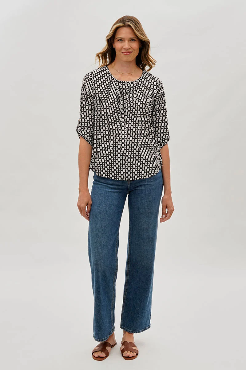 Beechers Brook Patterned Roll Up Sleeve Blouse - White - Image 5