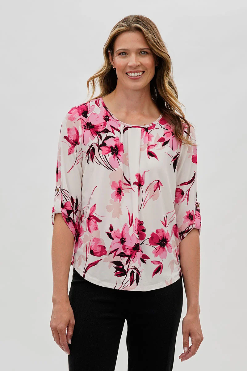 Beechers Brook Floral Roll Up Sleeve Blouse - White