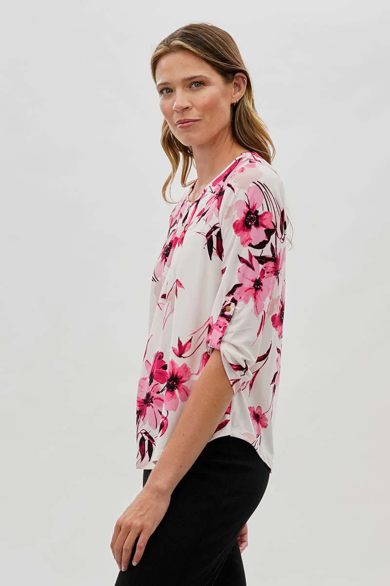 Beechers Brook Floral Roll Up Sleeve Blouse - White - Image 2