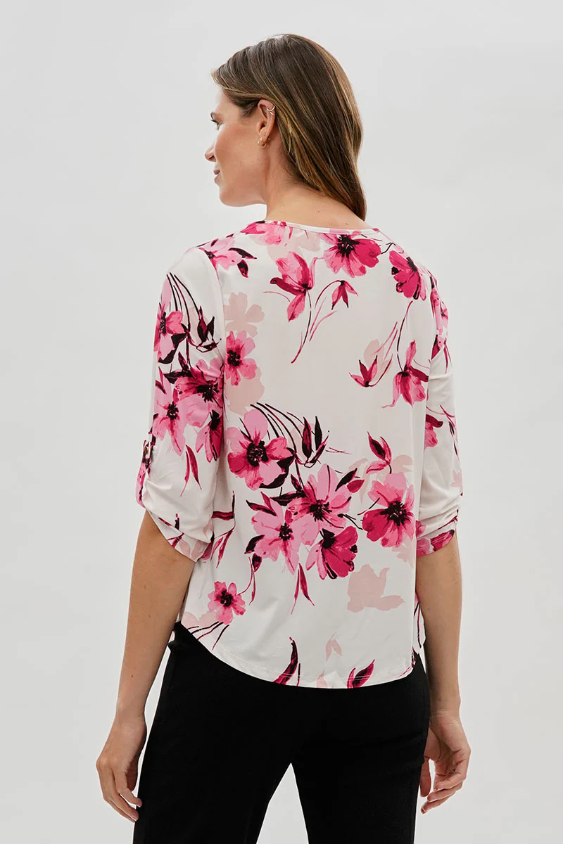Beechers Brook Floral Roll Up Sleeve Blouse - White - Image 3