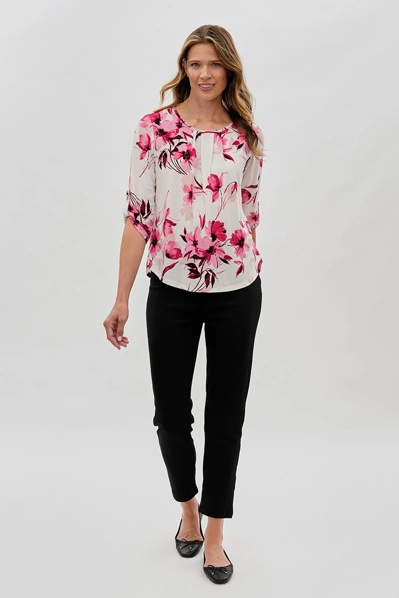 Beechers Brook Floral Roll Up Sleeve Blouse - White - Image 5