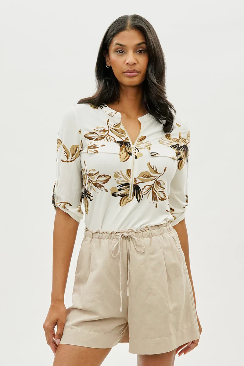 Beechers Brook Floral Roll Up Sleeve Half Zip Blouse - Cream