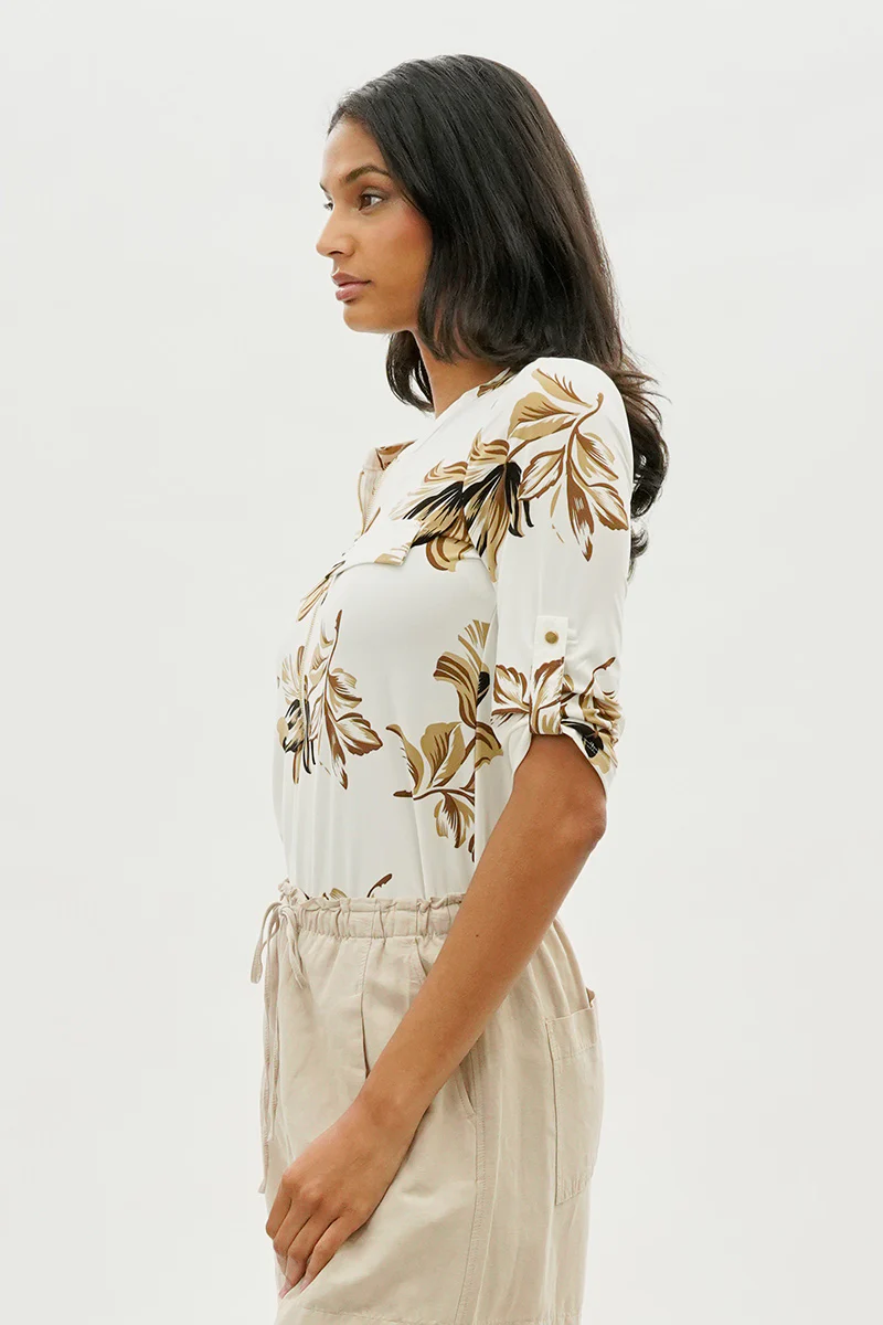 Beechers Brook Floral Roll Up Sleeve Half Zip Blouse - Cream - Image 2