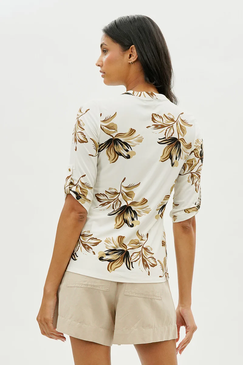 Beechers Brook Floral Roll Up Sleeve Half Zip Blouse - Cream - Image 3