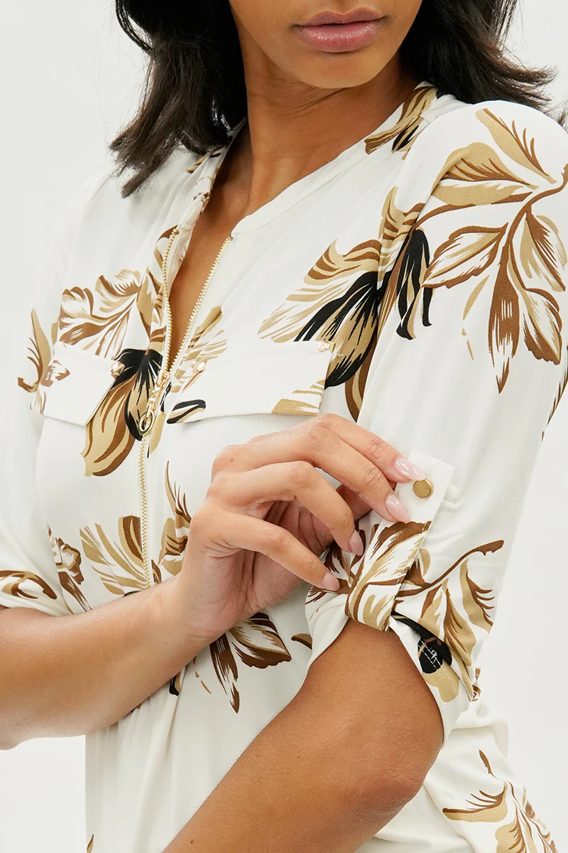 Beechers Brook Floral Roll Up Sleeve Half Zip Blouse - Cream - Image 4