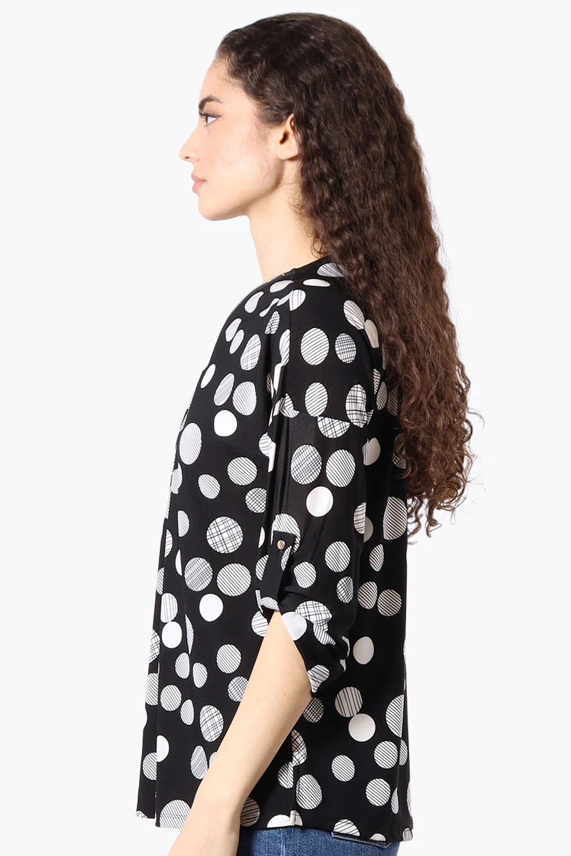 Beechers Brook Dotted Roll Up Sleeve Half Zip Blouse - Black - Image 2