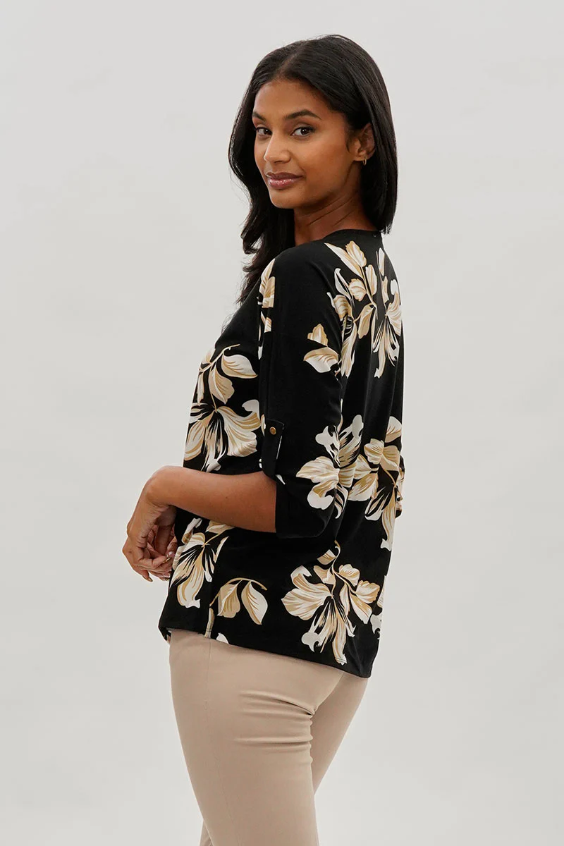 Beechers Brook Leaf Print Half Zip Blouse - Black - Image 3