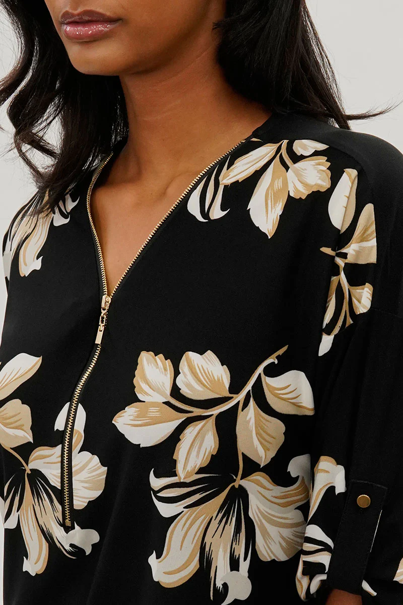Beechers Brook Leaf Print Half Zip Blouse - Black - Image 4