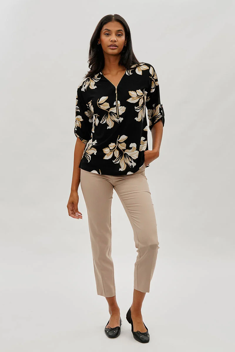 Beechers Brook Leaf Print Half Zip Blouse - Black - Image 5