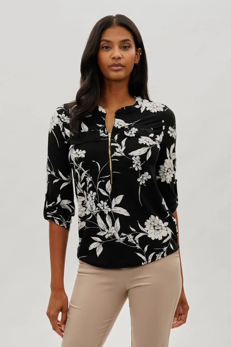 Beechers Brook Floral Half Zip Blouse - Black