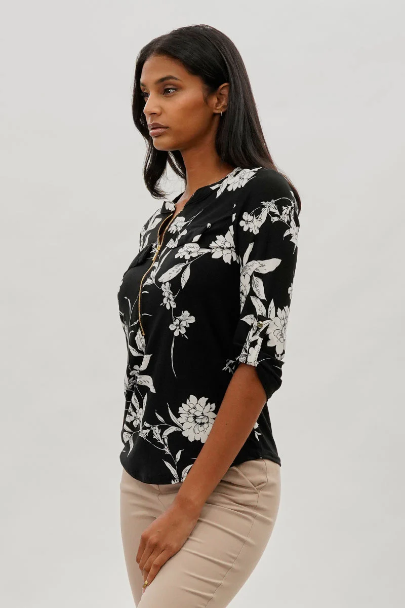 Beechers Brook Floral Half Zip Blouse - Black - Image 2