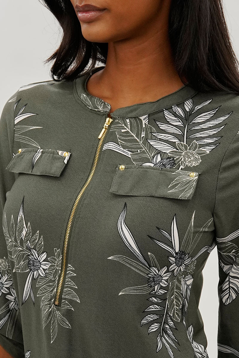 Beechers Brook Floral Half Zip Blouse - Olive - Image 4