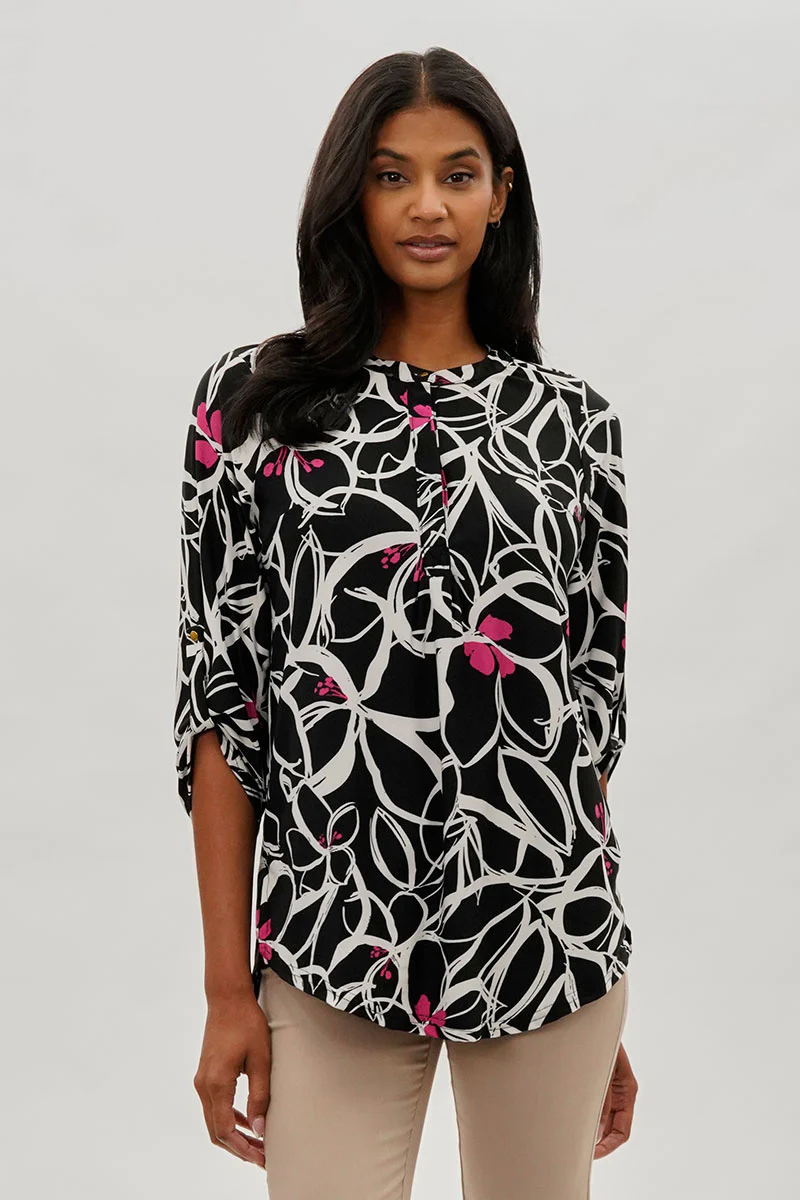 International INC Company Floral Roll Up Sleeve Blouse - Black