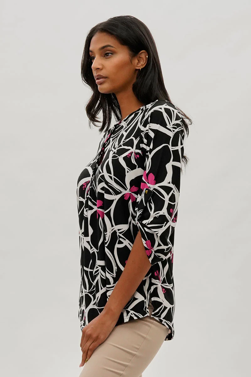 International INC Company Floral Roll Up Sleeve Blouse - Black - Image 2