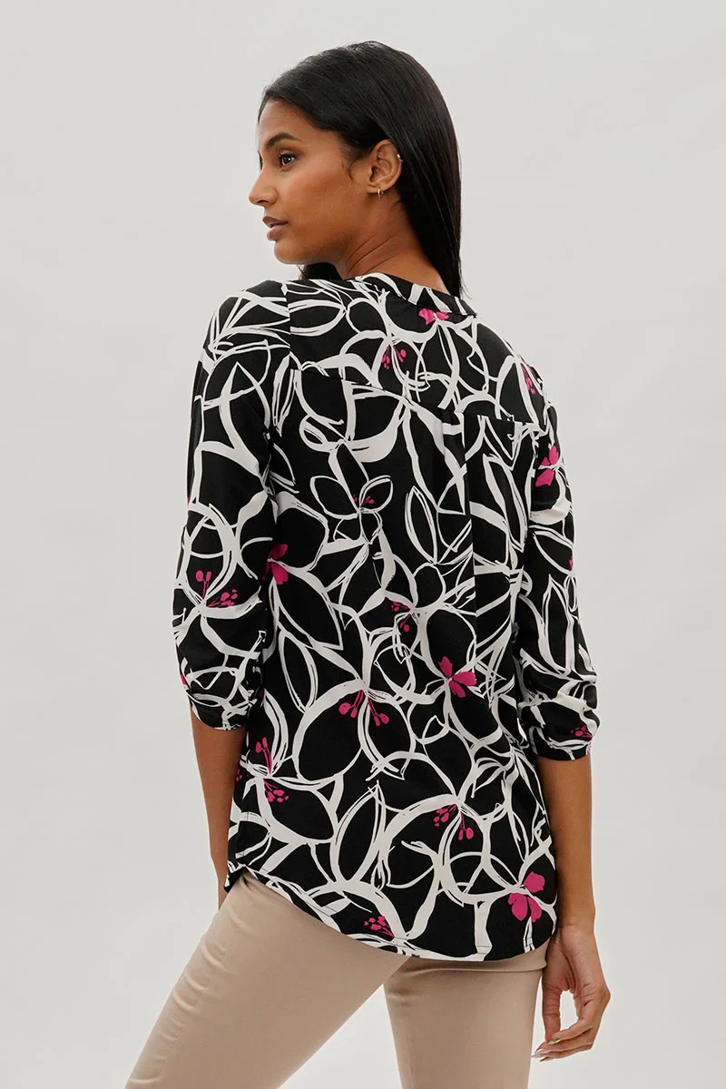 International INC Company Floral Roll Up Sleeve Blouse - Black - Image 3
