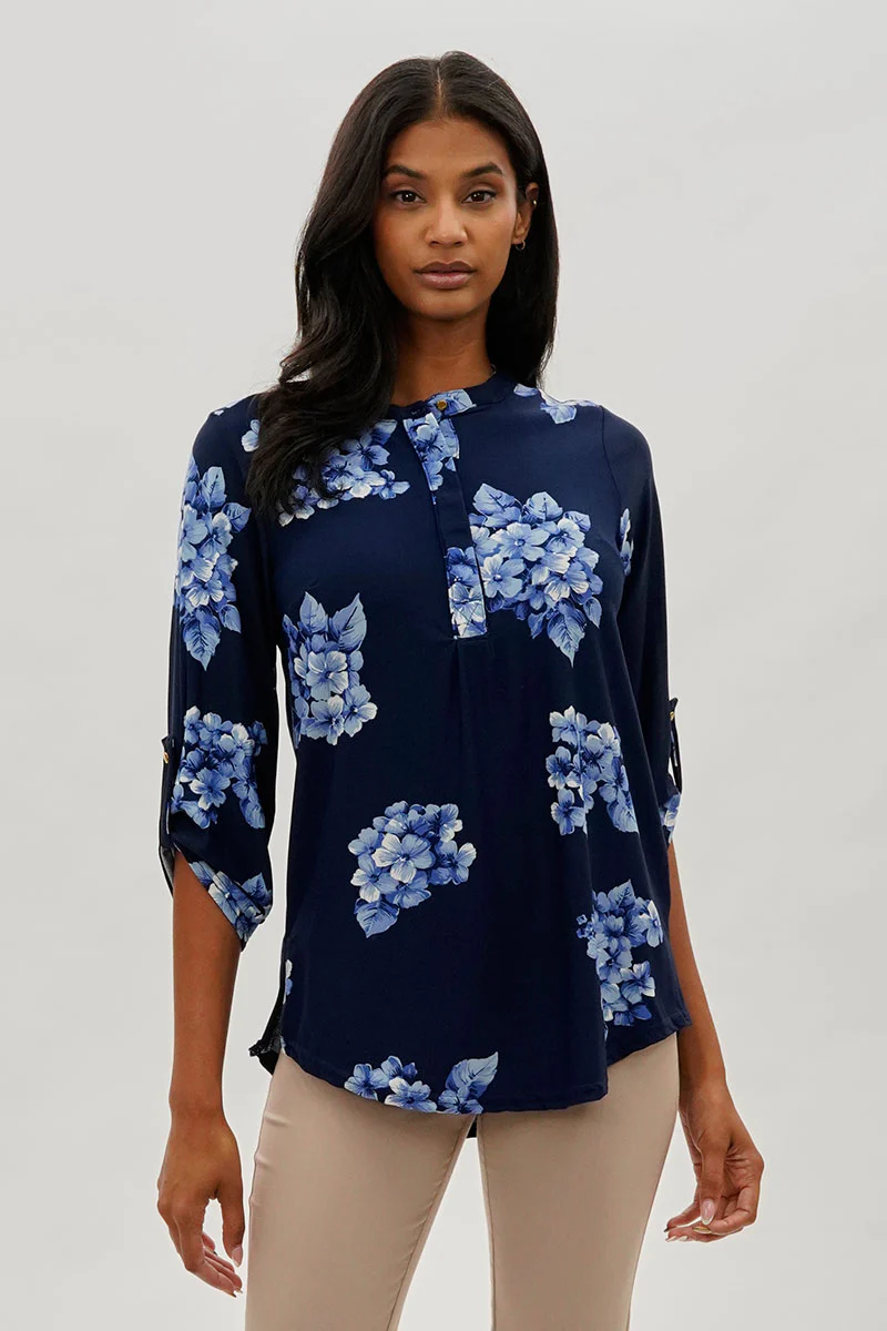 International INC Company Floral Roll Up Sleeve Blouse - Navy