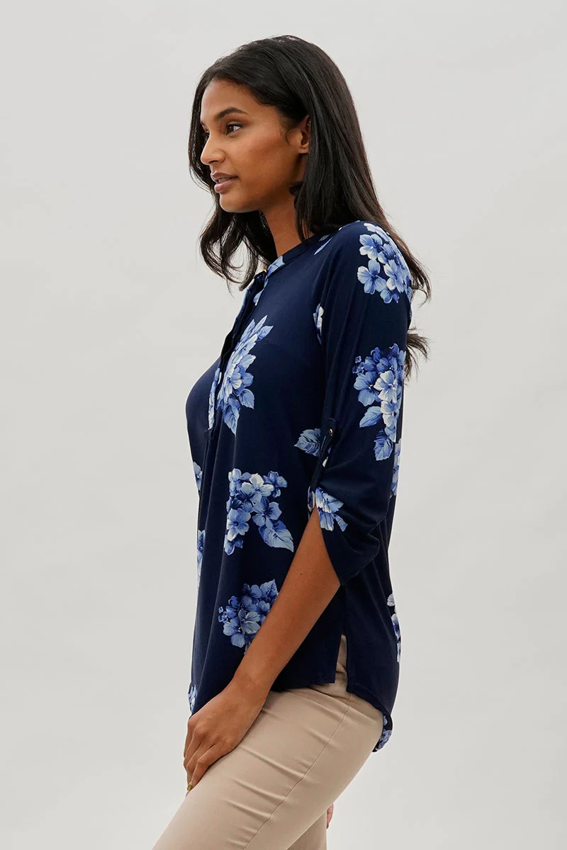 International INC Company Floral Roll Up Sleeve Blouse - Navy - Image 2