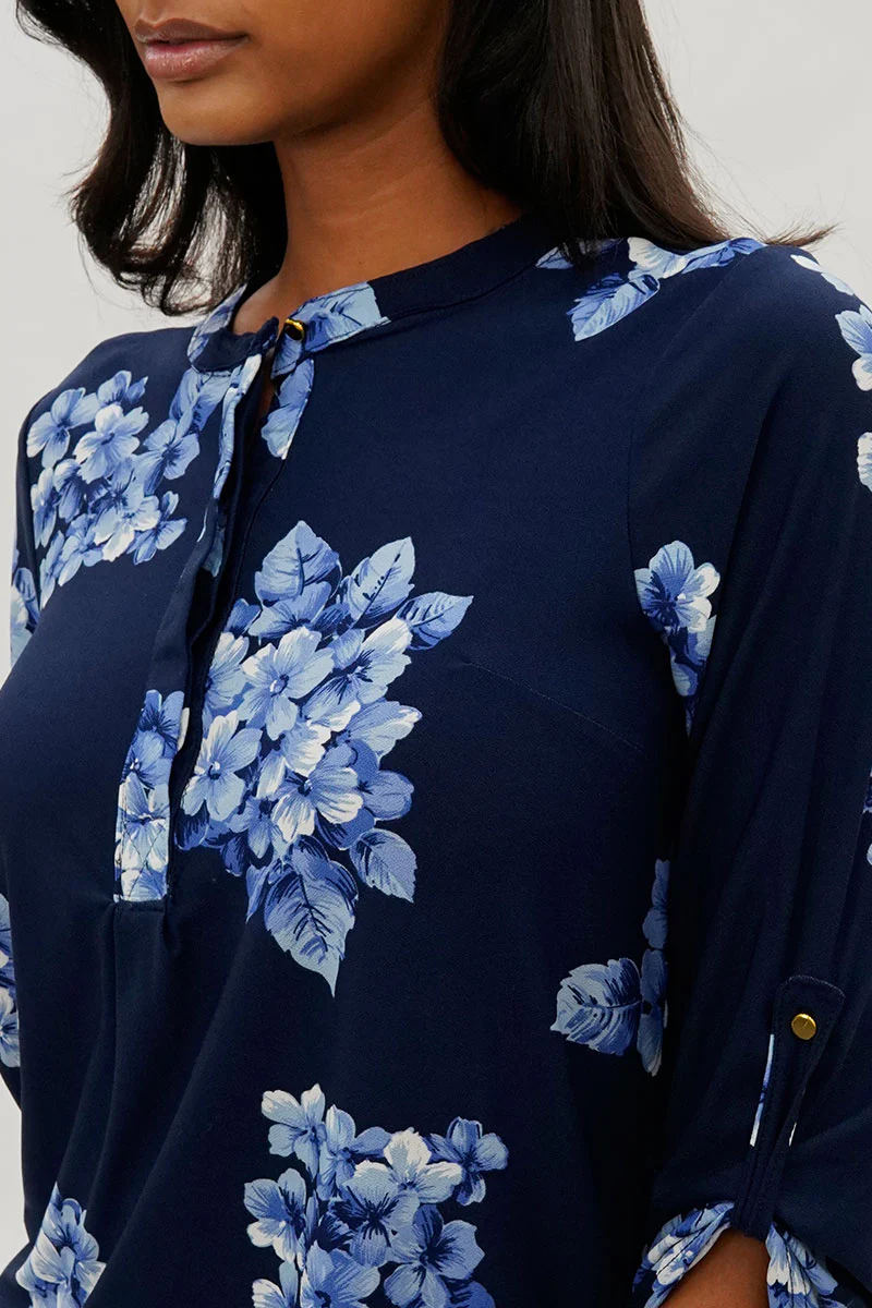 International INC Company Floral Roll Up Sleeve Blouse - Navy - Image 4
