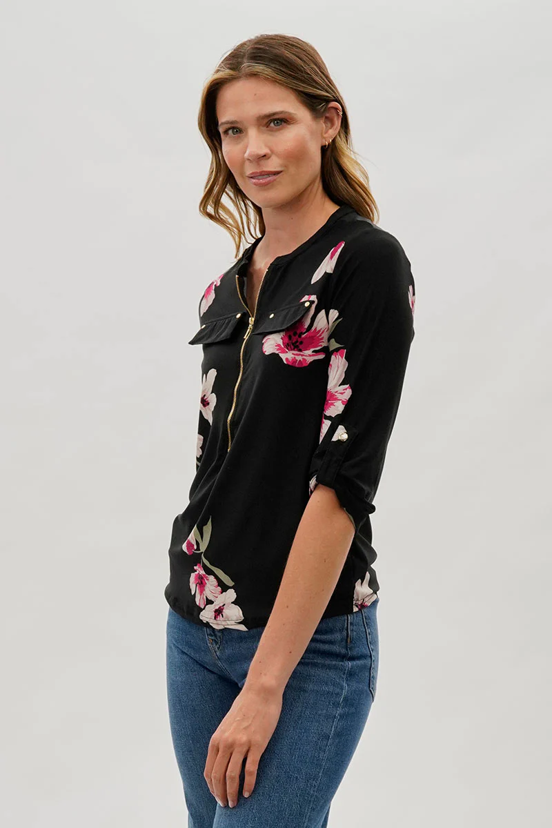 International INC Company Floral 1/4 Zip Shirt - Black - Image 2