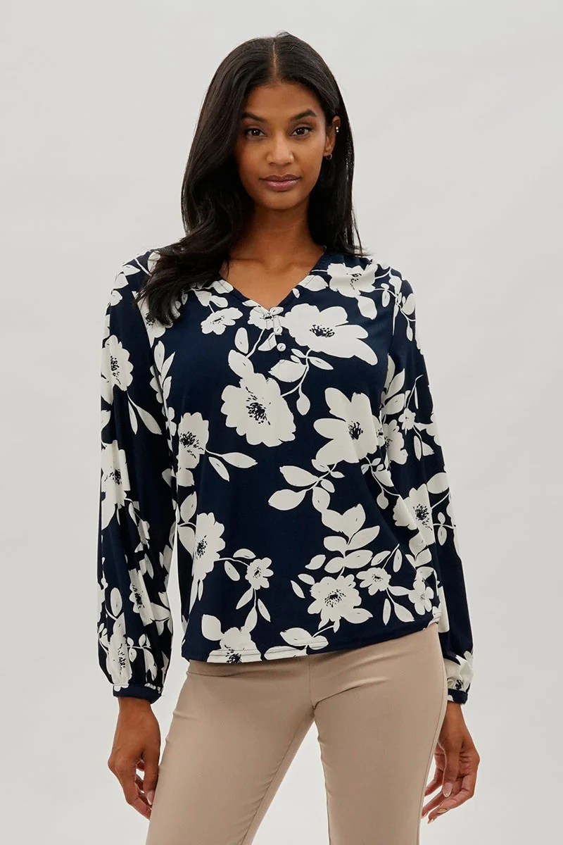 Beechers Brook Floral Henley Blouse - Navy