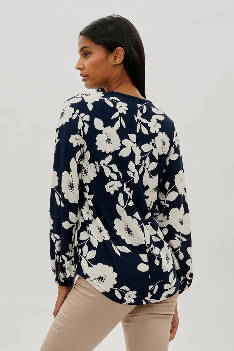 Beechers Brook Floral Henley Blouse - Navy - Image 3