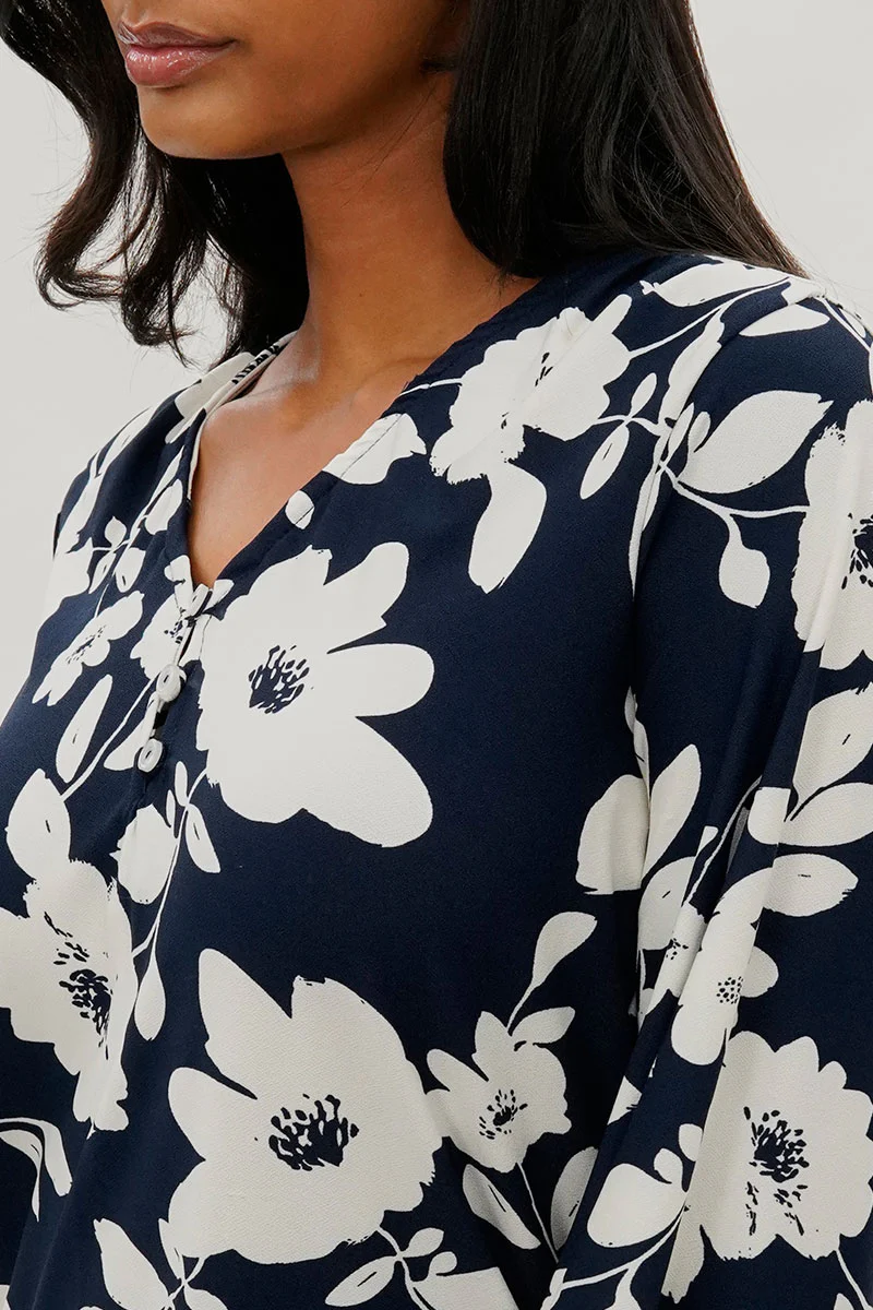Beechers Brook Floral Henley Blouse - Navy - Image 4