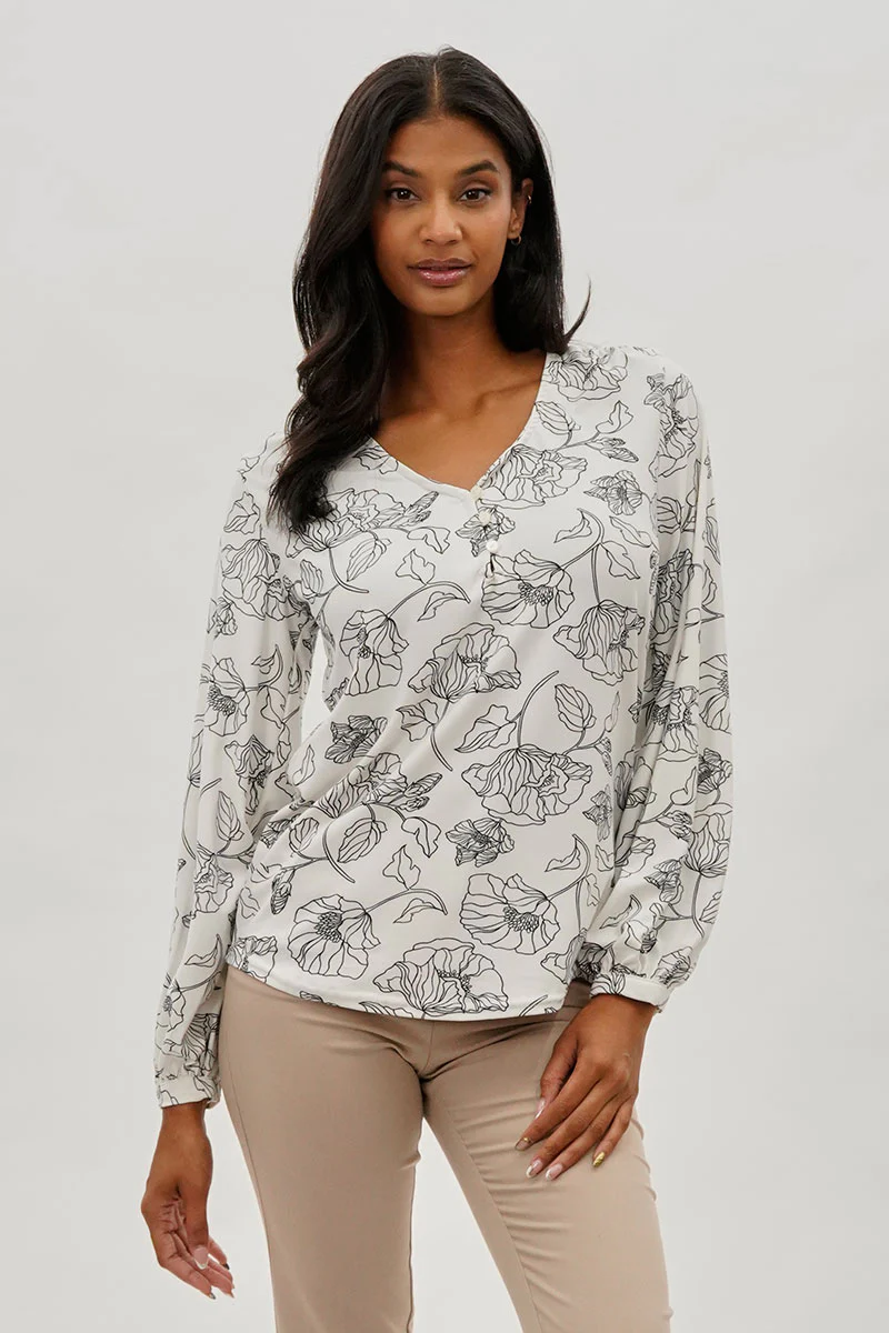 Beechers Brook Floral Henley Blouse - White