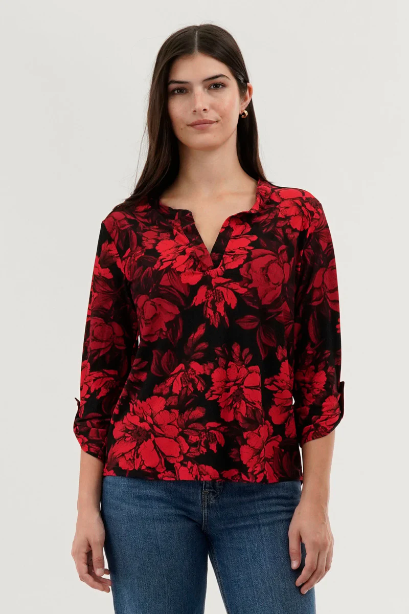 Beechers Brook Floral Split Neck Blouse - Red